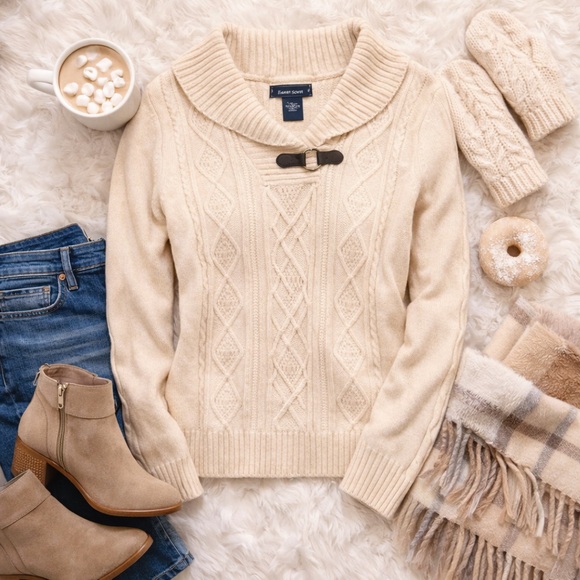 Karen Scott Sweaters - Karen Scott XL Cable Knit Shawl Collar Sweater – Cream Ivory – Buckle Detail